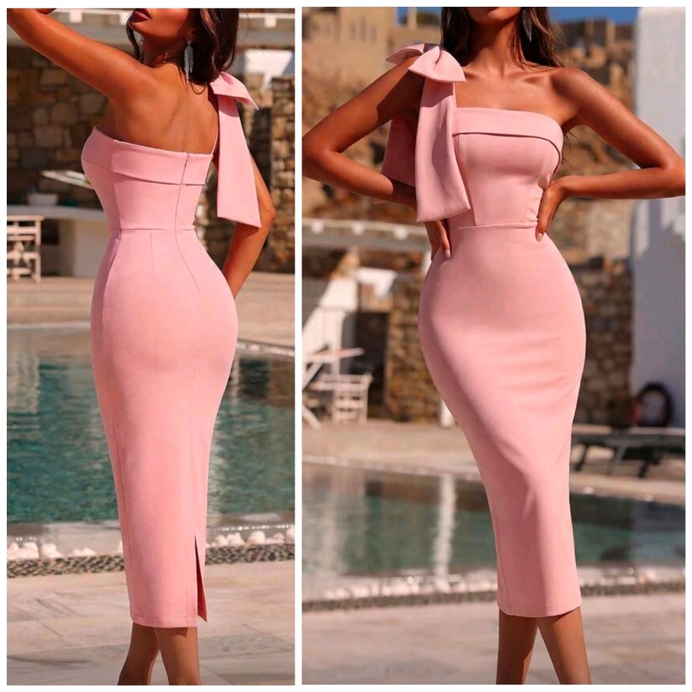 New Luxe Bow Detail Strapless Bodycon Midi Dress Pink